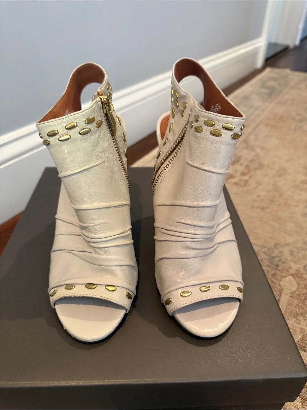 Vince Camuto Ivory Open-Toe Studded Leather Heels with Side Zipper